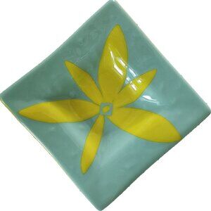 Fused Glass Art Plate Green Yellow Flower Square Candle Holder 60s Retro Decor
